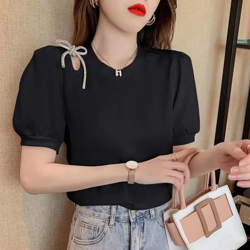 2023 Summer Round Neck Hollow Out Lace Up T-shirt Female Puff Short Sleeve All-match Top Women Loose Casual Solid Pullover Tee