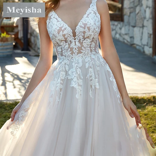Imagen 2 del producto Personalizado ZJ6006 2024 vestidos de novia bohemios brillantes con cuello en V vestidos de novia de tul con purpurina de encaje brillante con apliques de Venecia