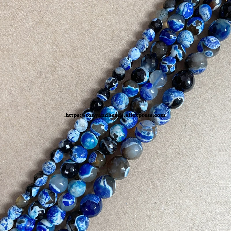 Natural Stone New Faceted Dark Blue Fire Agate Round Loose Beads 6 8 10MM Pick Size for Jewelry Making DIY