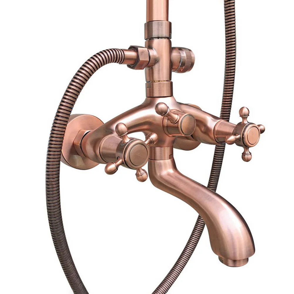 Rubinetti per doccia in rame rosso antico Set 8 '' Soffione doccia a pioggia Miscelatore a doppia maniglia Beccuccio per vasca girevole Bagno Doccia Zrg501