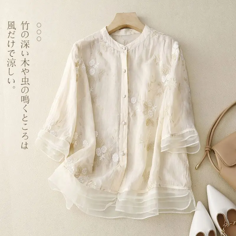 

Vintage Heavy Work Embroidered Cotton and Linen Shirt with Yarn-picking, Summer Spliced Temperamental Organza Seven-minute Top