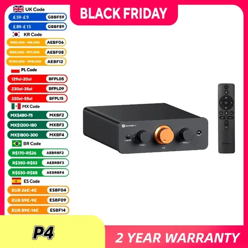 Preamplificador HiFi Fosi Audio P4: 3 entradas RCA, EQ/Bypass, amplificadores operacionales intercambiables, control de tono de agudos y graves para sistemas audiófilos