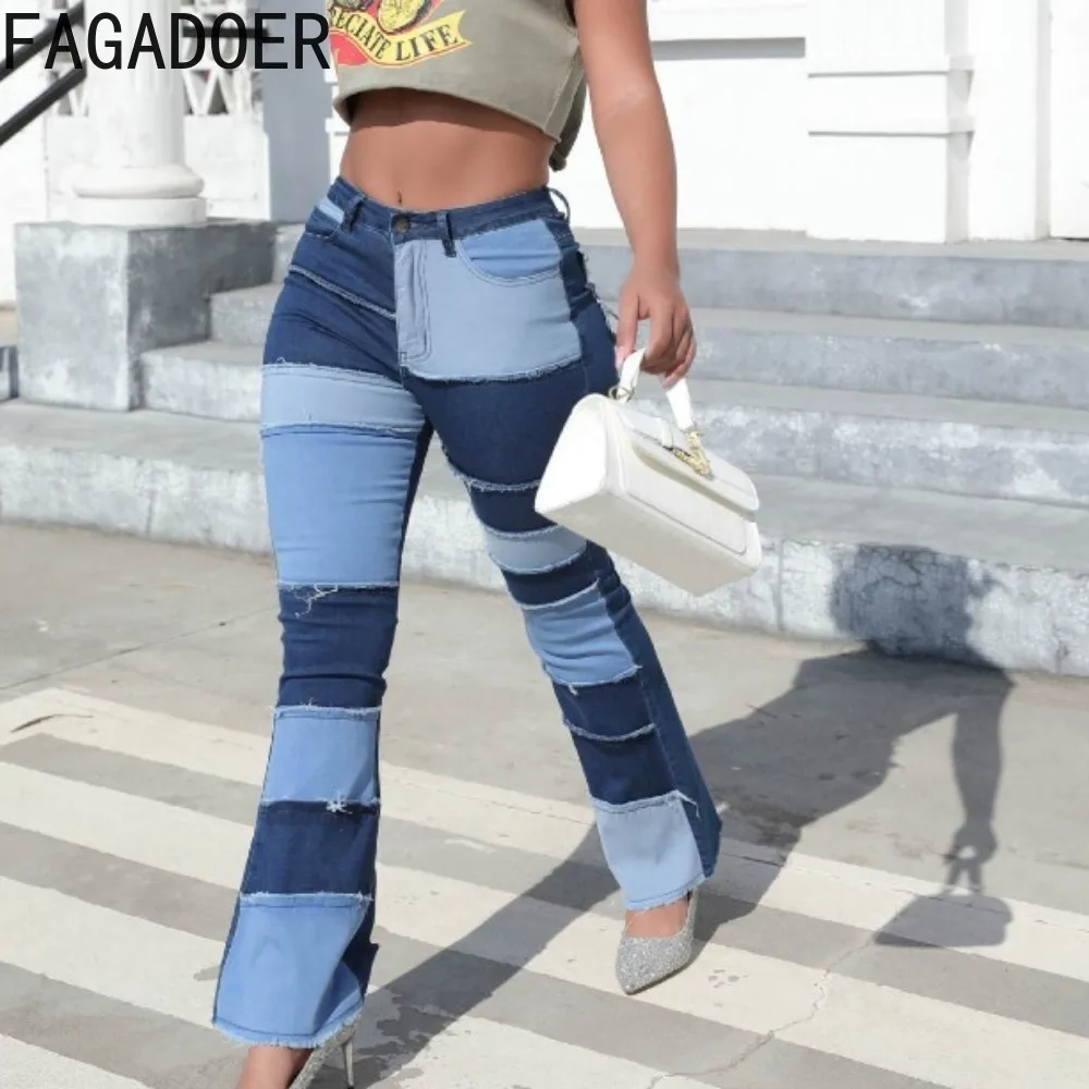 FAGADOER Fashion Denim Splicing Denim Flared Pants Women High Waisted Button Skinny Jean Trousers Casual Female Cowboy Bottoms