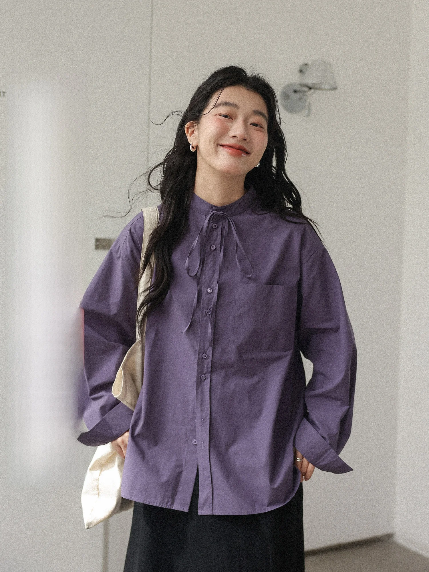 

Purple Long Sleeve Shirt Women's Spring 2026 New Design Korean Style Belted Loose Fit Commute Style Shirt Beautiful Top