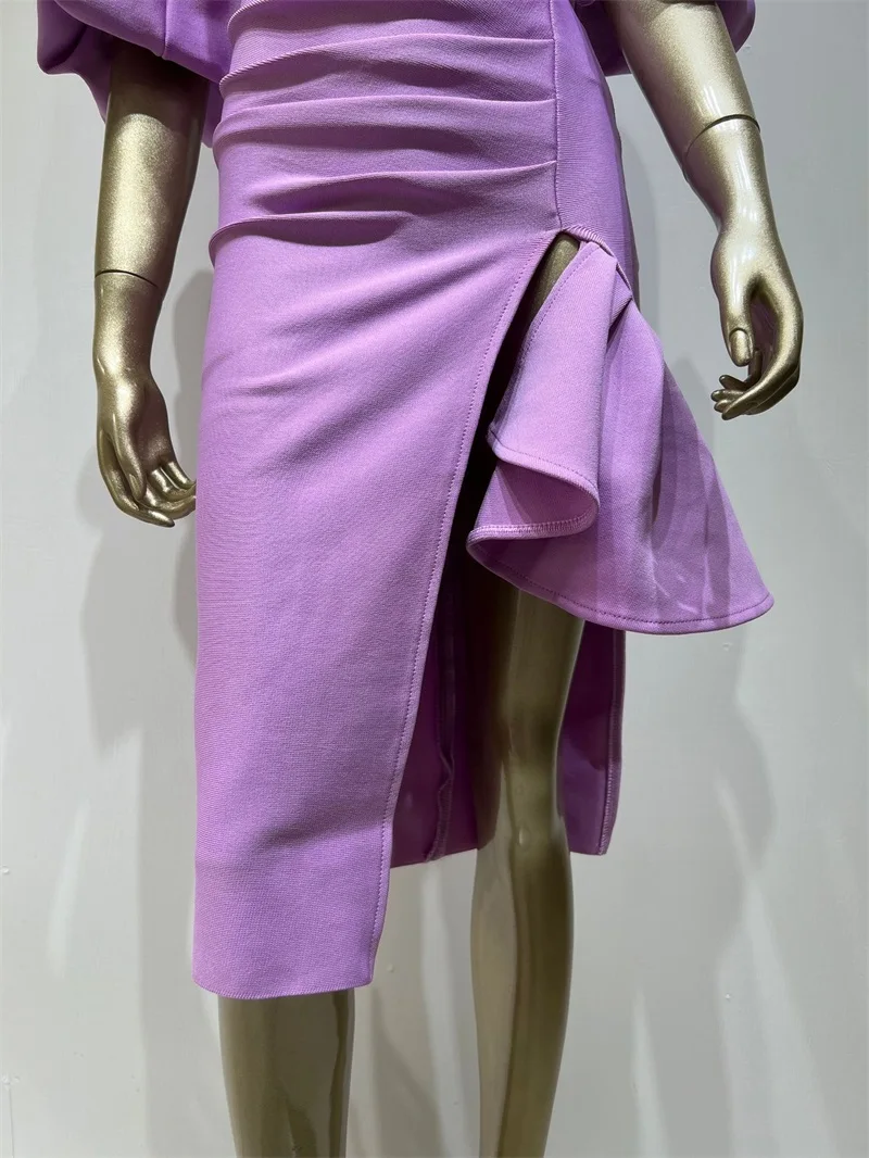 Robe de Rhfendue sans bretelles pour femmes, manches évêque, col bateau, robe de soirée élégante, violet, taille haute, jupe une patte, nouveau design, en stock