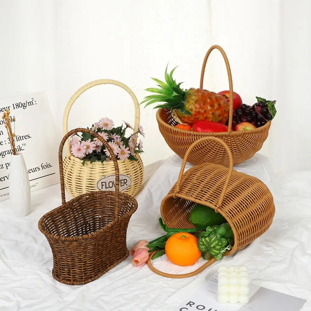 Hand Woven Storage Bask Imitation Rattan Vegetable Flower Plant Hand Baskets Home Desktop Sundries Organizer