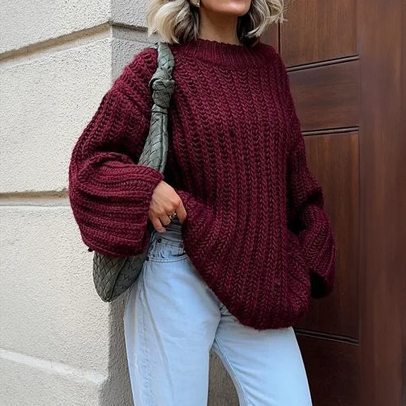 Women's Burgundy Oversized Sweater Crew Neck Rib-Knit Long Sleeve Loose Fit Pullover