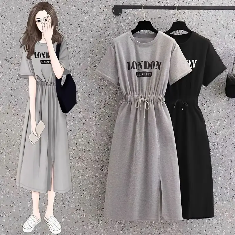 Summer Letter Printing Pleated Lacing Midi Dress Round Neck Short Sleeve Loose Casual Dresses Fashion Simplicity Women Clothes