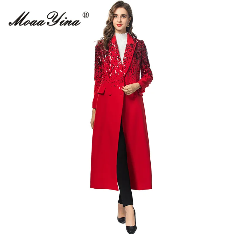 MoaaYina Sequins Design Women\'s Coat Autumn/Winter Notched Long Sleeved Double-Breasted Pocket Streetwear Fashion Overcoat