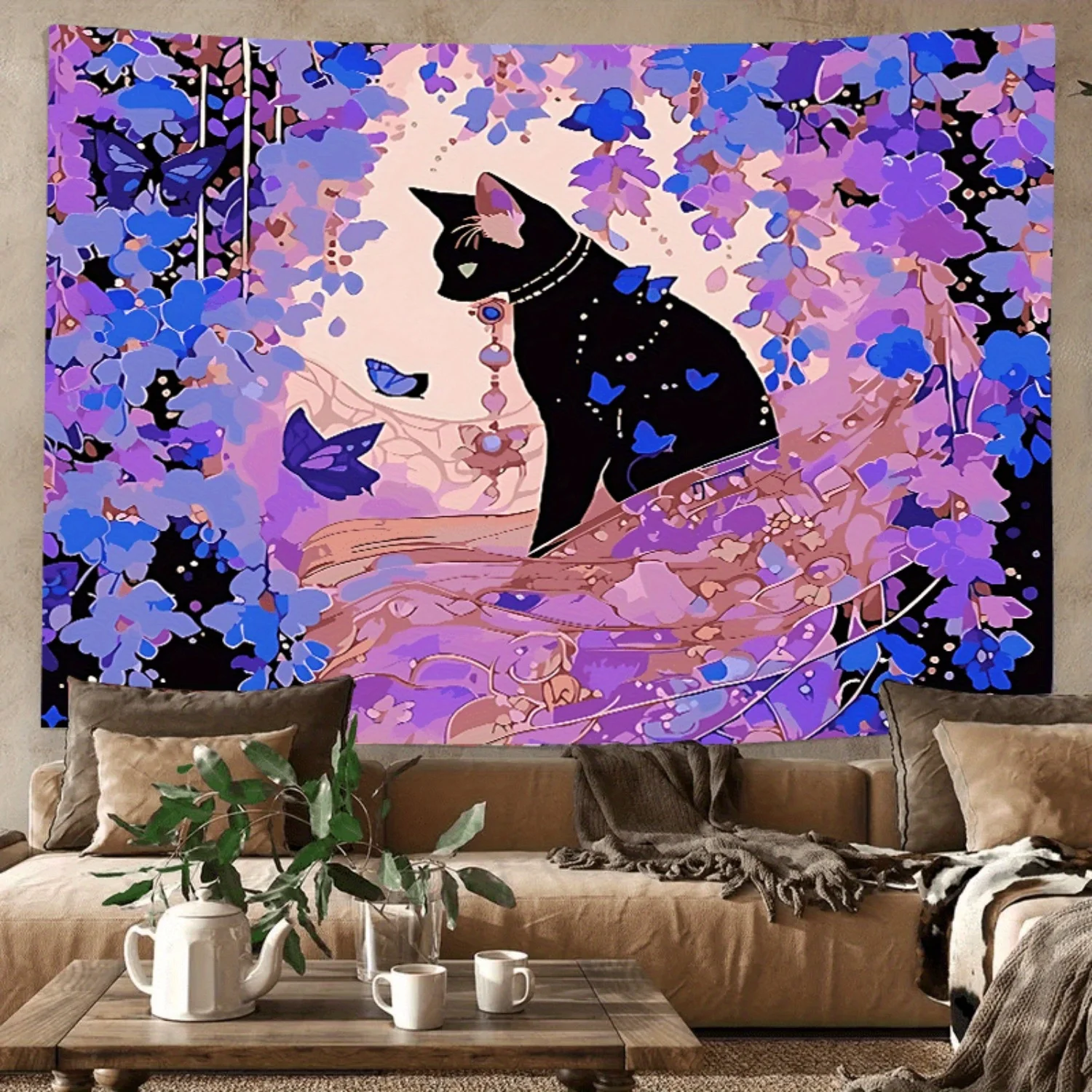 Enchanted Cat Tapestry - Vibrant Wall Hanging with Purple Flowers for Bedroom and Living Room Decor, Perfect Gift