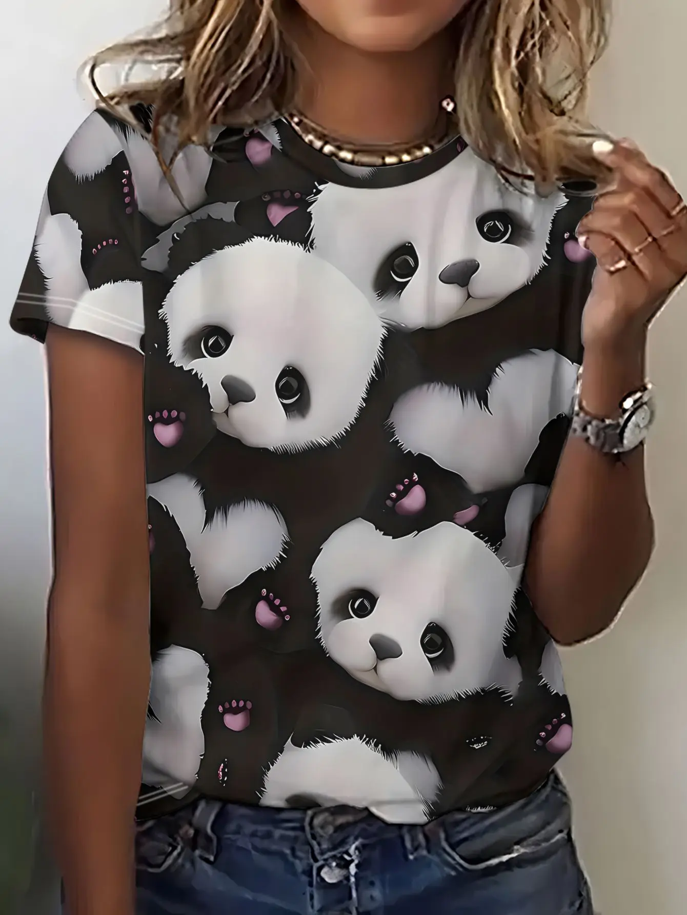 Summer Cute Panda T-Shirts Animal 3D Print Women's Casual Short Sleeve Round Neck T Shirt Harajuku Y2K Tees Tops Female Clothing