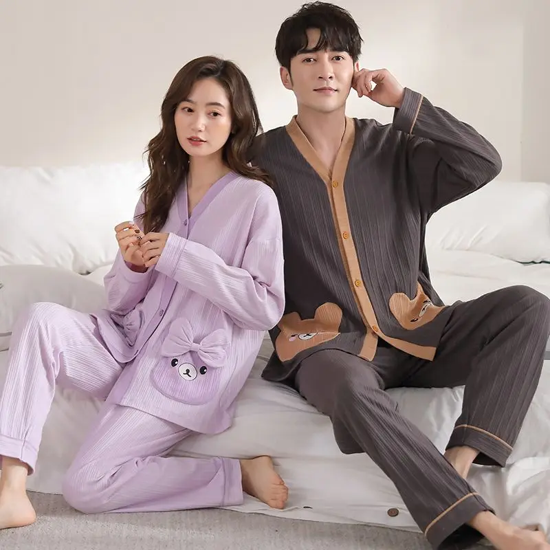 Couple Pajamas Sets for Woman Cotton Long-sleeved Cardigan Korean Version of Men\'s Pajamas Homewear Spring Sleepwear Set