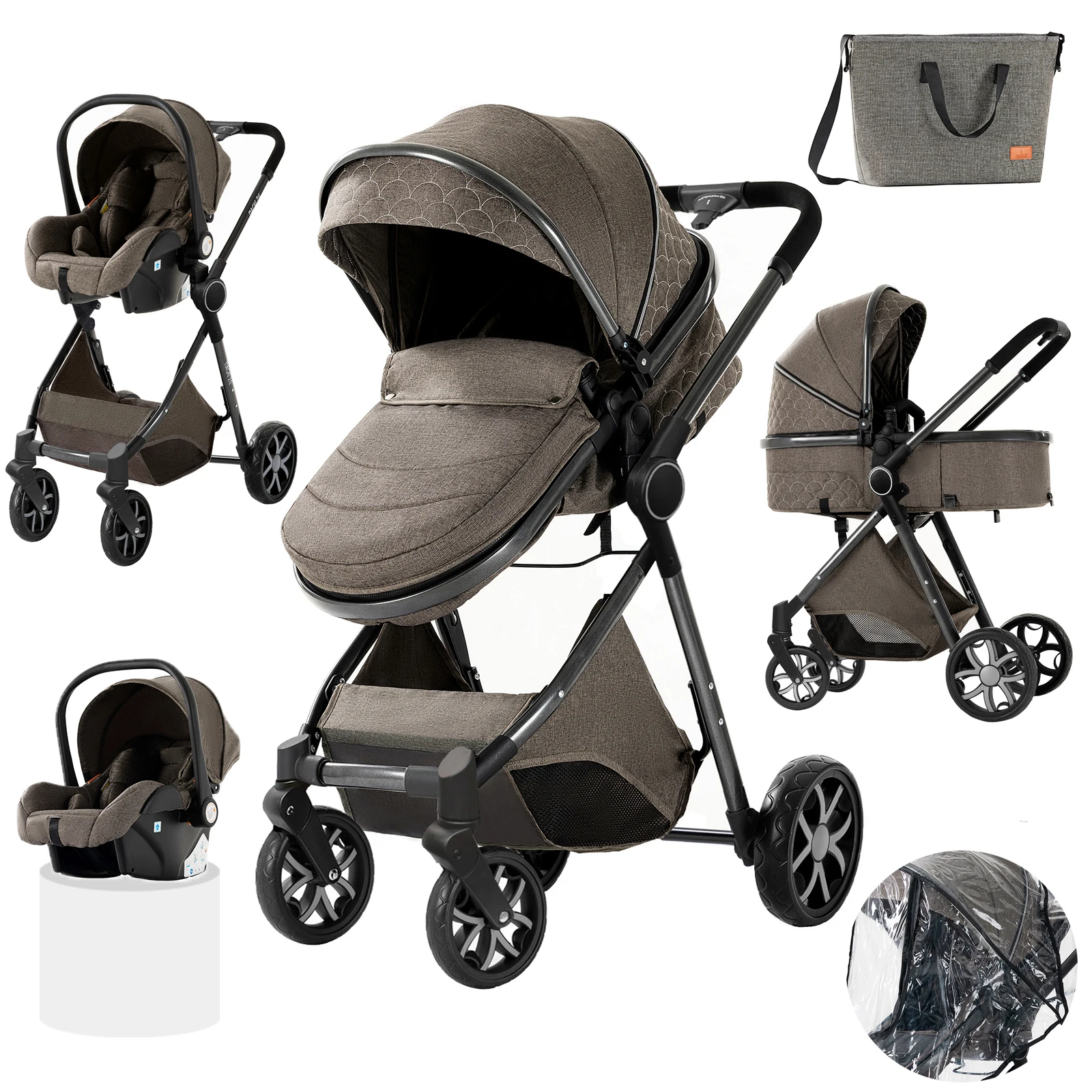 3-in-1 Baby-Kinderwagen-Reisesystem, Kinderwagen mit Autositz, leichter Rahmen, kompakt zusammenklappbar, hohe Sitzposition, stoßdämpfende Räder, umkehrbarer Sitz, mehrfach verstellbare Rückenlehne,