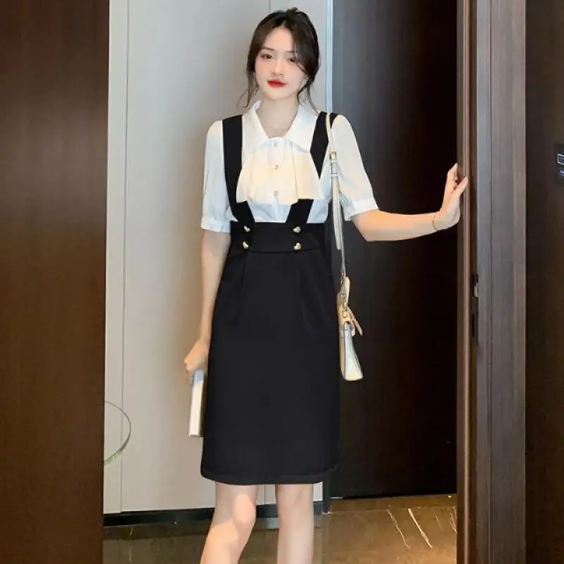 2023 Summer New Arrival Korean Fashion Style Temperament Shirt Commuter Versatile Slim Fit Strap Dress Two Piece Set For Women