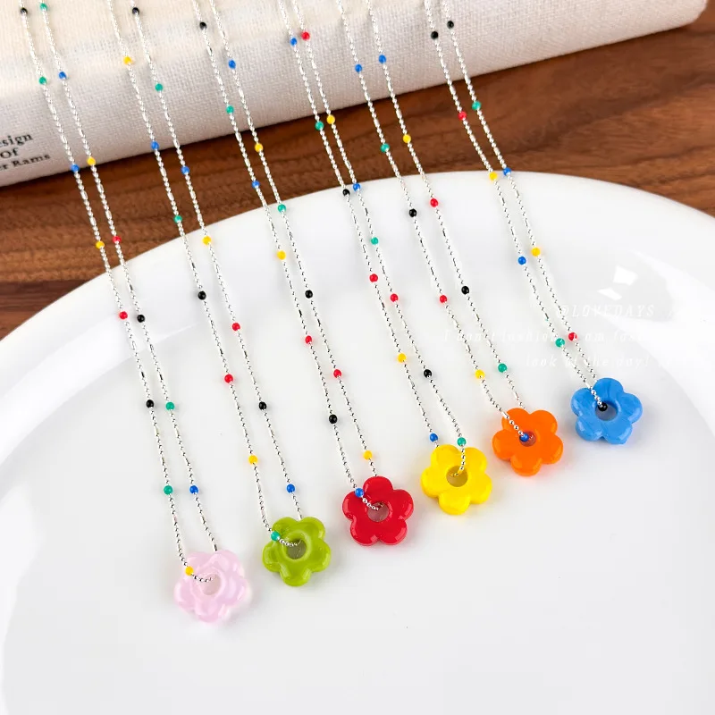 Multicolor Flower Beaded Choker Necklace for Women Rainbow Small Fresh Sweet Unique Design Premium Lightweight