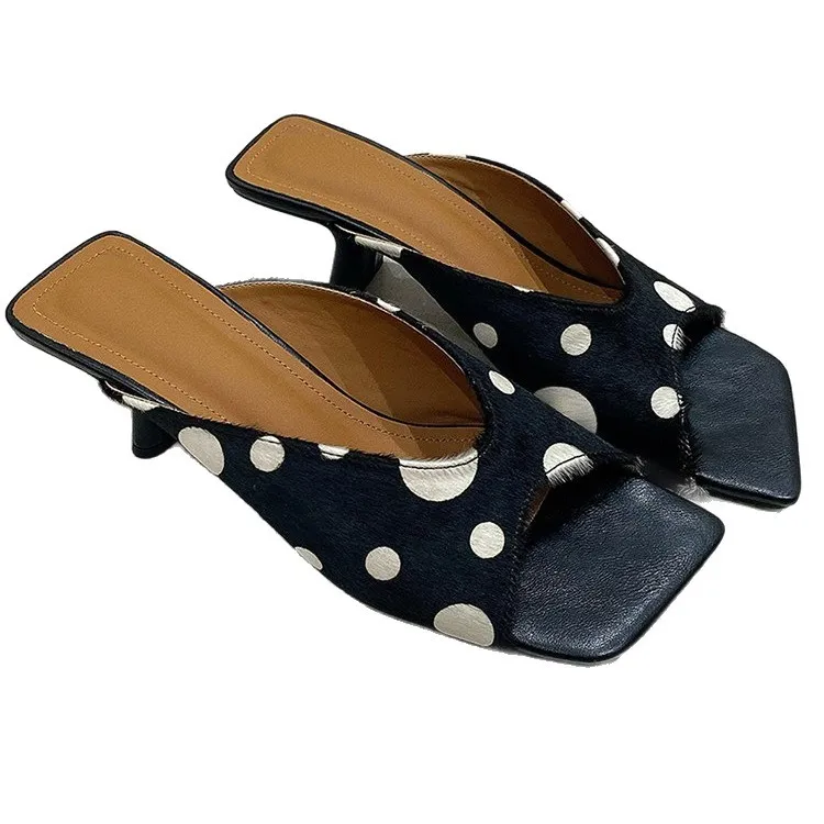 2026 Summer Women Polka Dot Square Toe Pumps Open Toe Wedges Heel Slip On Slippers  Elegant Daily Party Dress Mid Heel Sandals