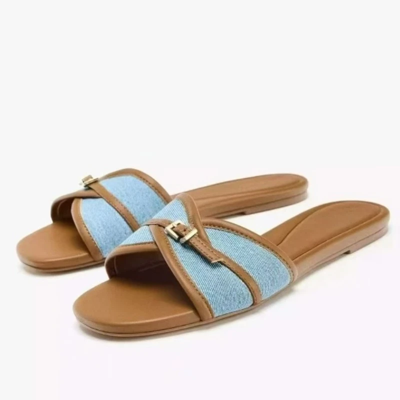 

New Designer Flat Slippers Sandals for Women Denim Blue Belt Buckle Design Comfort Beach Shoes Lightweight Non-Slip Flip Flops