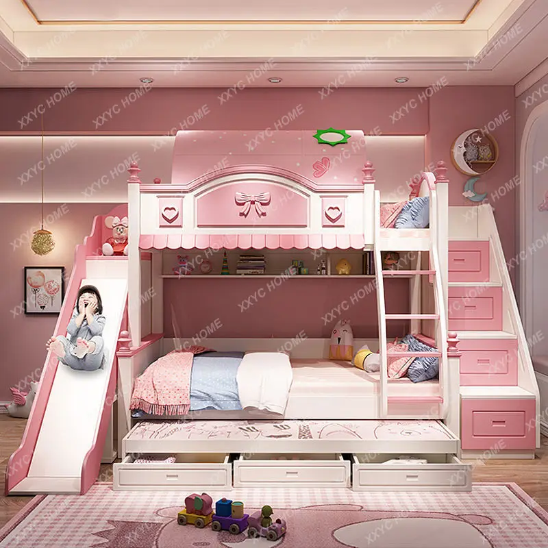 Children's Sliding Ladder Bed Princess Bed Girl's Dream Castle Bed One Child One Female Bunk Bed Detachable Upper and Lower Bunk