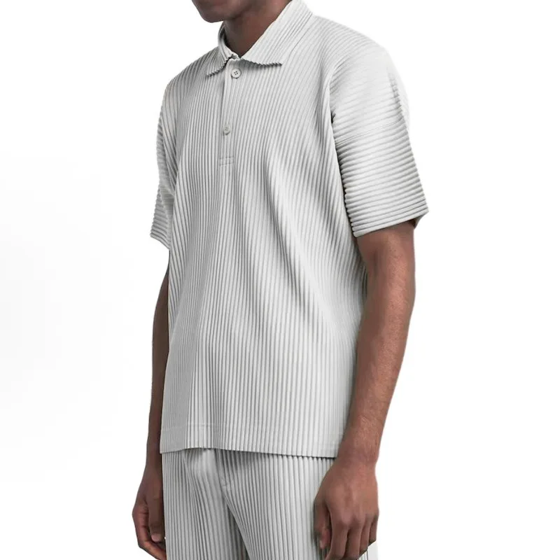 Miyake Pleated Polo Shirt Plisse 2026 Summer New Loose Casual Short Sleeve Split Collar Button Polo Shirt T-Shirt Fold Top Men