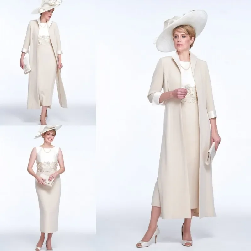 

Elegant Two Pieces Mother Of The Bride Dress Tea Length Lace Applique Satin Wedding Guest Dress With Jacket