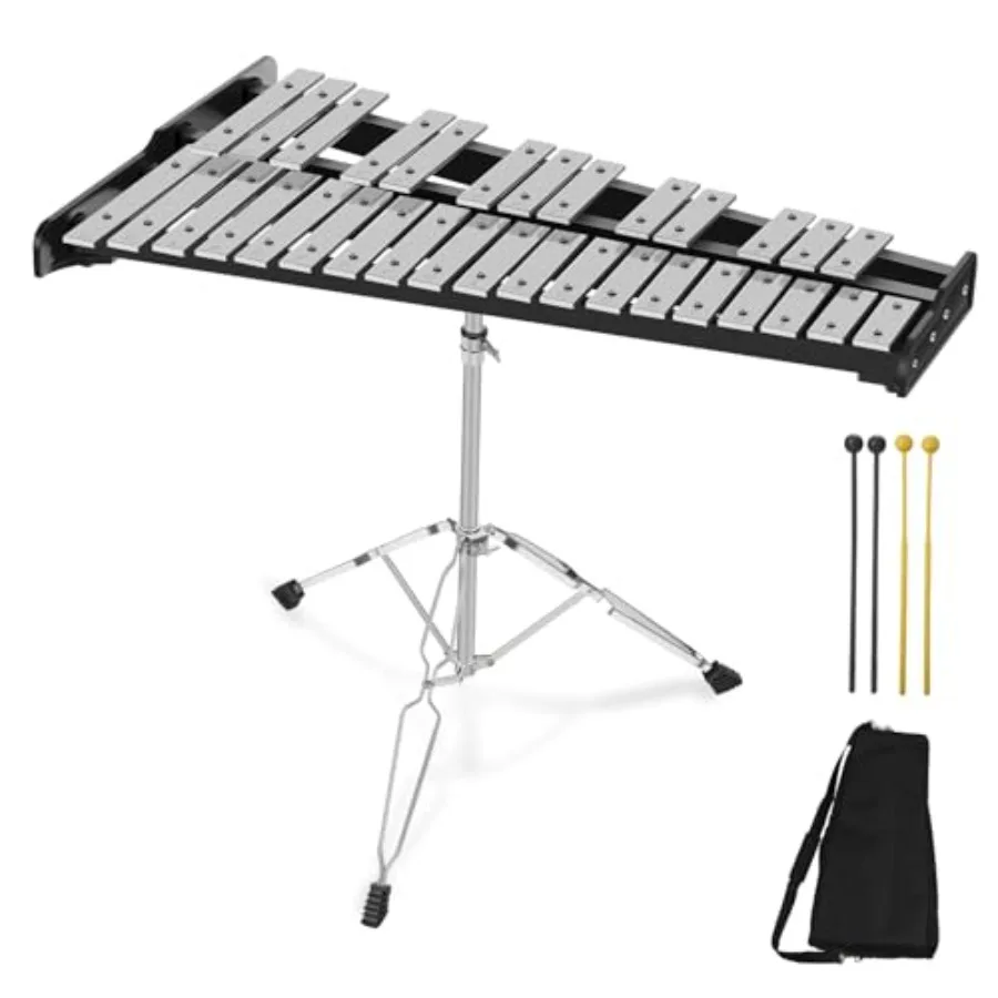 

Habisder 32 Note Glockenspiel Xylophone Percussion Kit with Height Adjustable Stand Drumsticks and Carry Bag in Silver and Blac