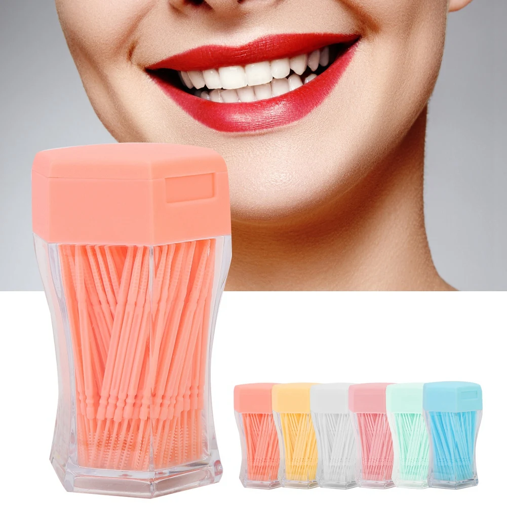 200 Pcs Food-grade Double Head Toothpick Taper Shape Soft Brush Household Cleaning Tartar Removal Hexagonal Bottles Simple Pack