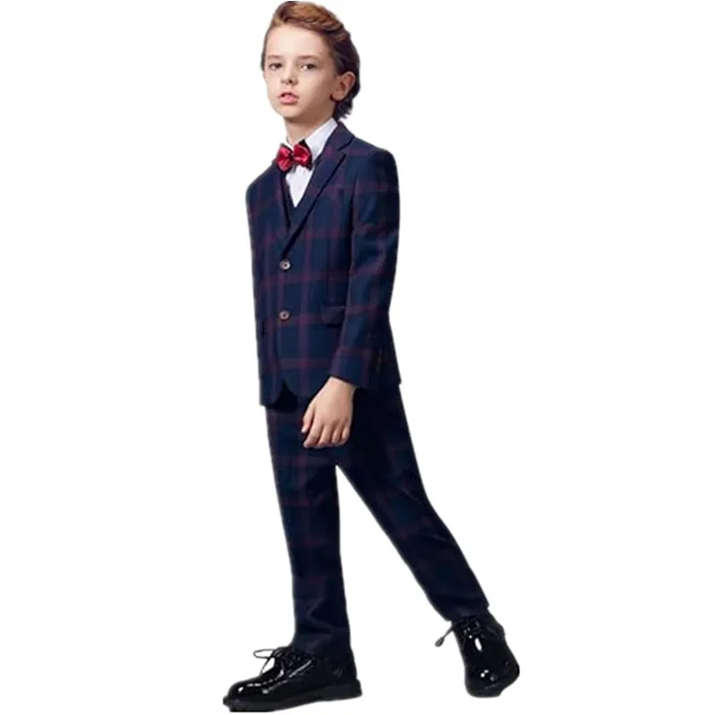 Flower Boys Plaid Jacket Vest Pants Bowtie 4Pieces Wedding Dress School Kids Formal Piano Host Graduation Ceremony Outfit Suit