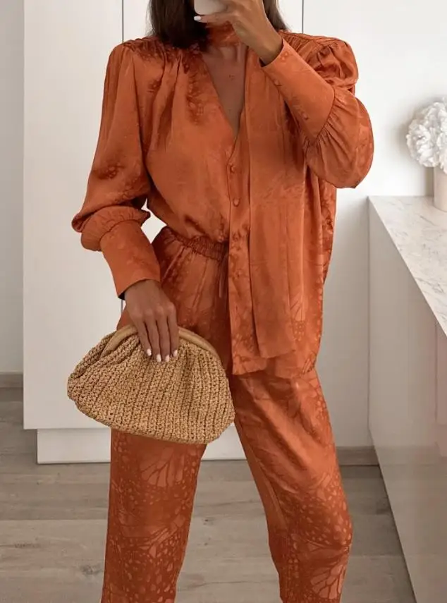 

Two Piece Set Women Outfit 2025 Spring Satin Jacquard V-Neck Button Front Long Sleeve Top & Drawstring Elastic Waist Pants Set