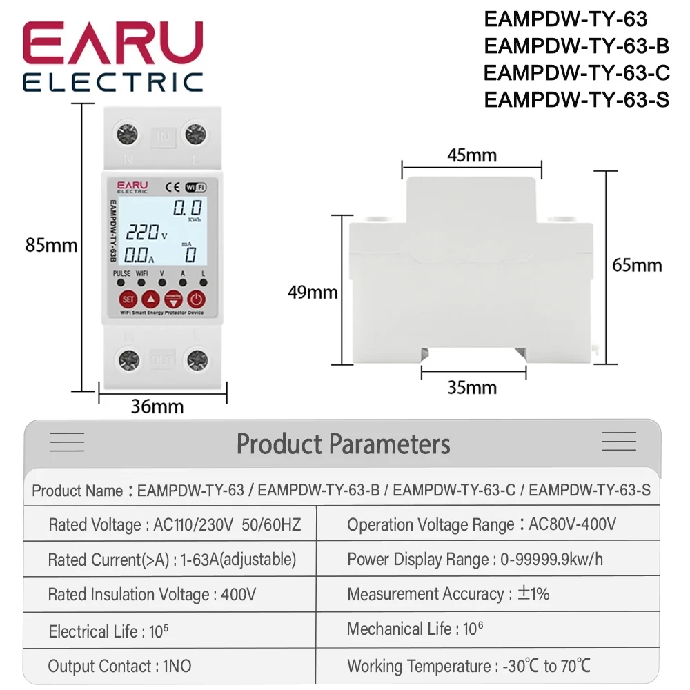 2P 63A 230V Tuya WiFi Smart Energy Meter Power kWh Meter Earth Leakage Over Under Voltage Protector Relay Device Switch Breaker