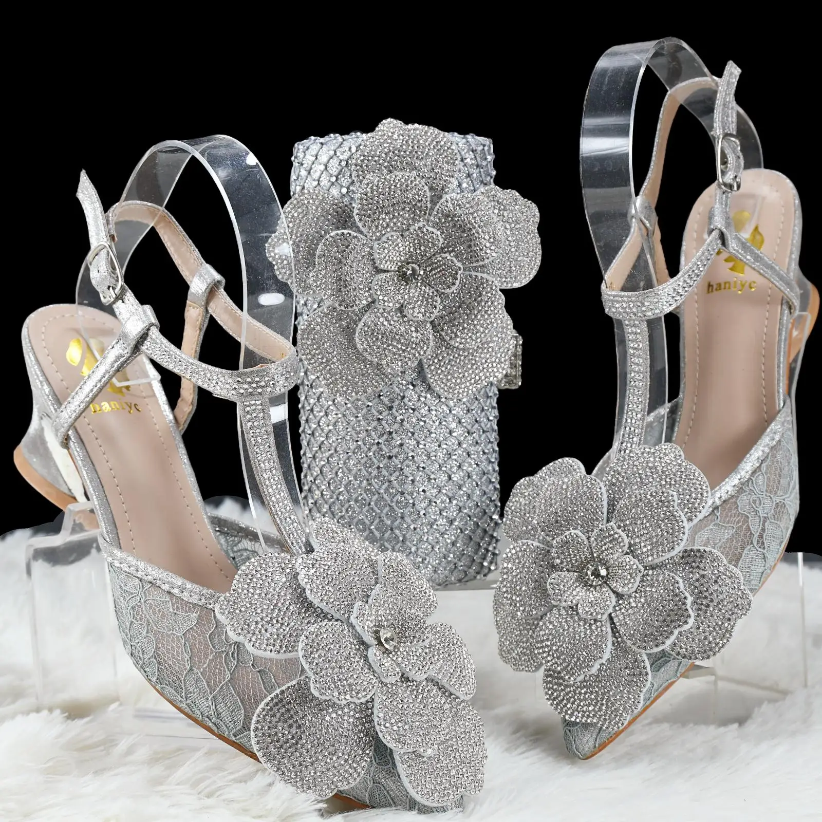 

doershow African Wedding fashion Shoes and Bag Set silver Italian Shoes with Matching Bags Nigerian Women party! SL1-1