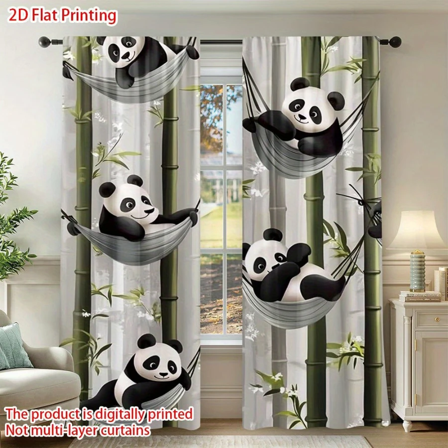 Digital Printed Curtains, Cute Bear Lying on Bamboo Pattern, Stylish Window Treatment for Living Room Bedroom Decor