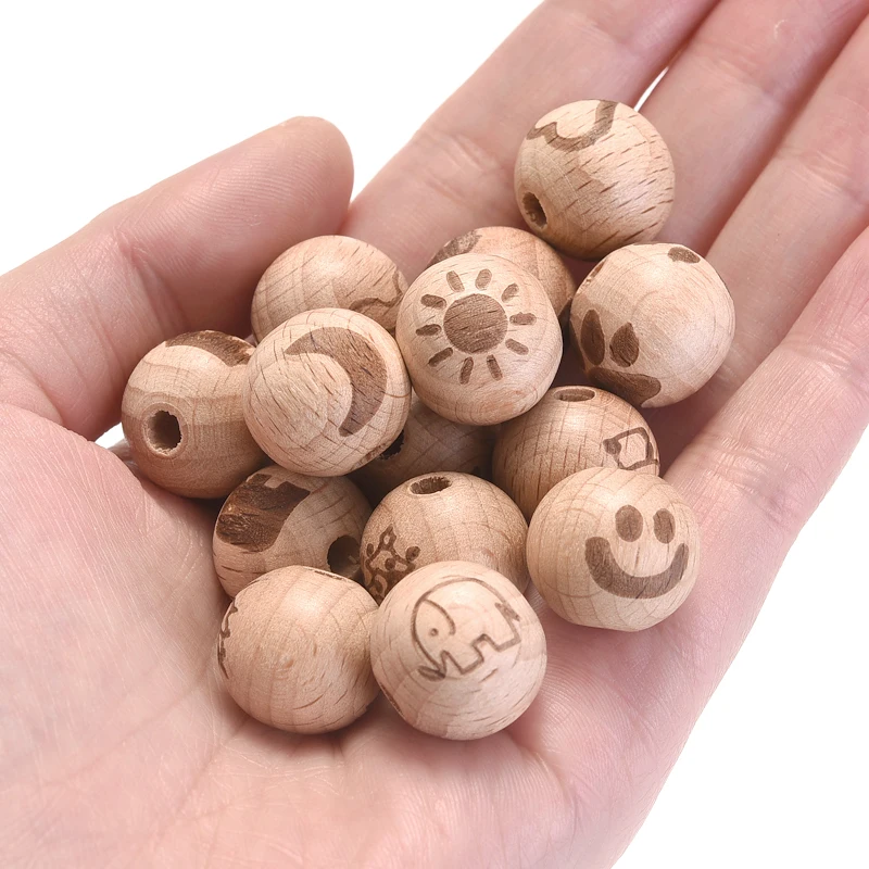 10/50Pcs 16mm Natural Wood Beads Cartoon Animal Heart Patter Round Spacer Wooden Lead-Free Balls Charms For Jewelry Making