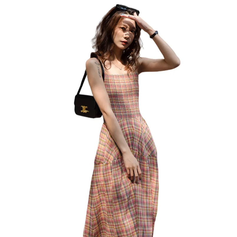 

Women's Summer Strap Dress Plaid Chic Slim Long Dress High Street French Vintage Sleeveless Suspender Dresses 2024 New Clothing