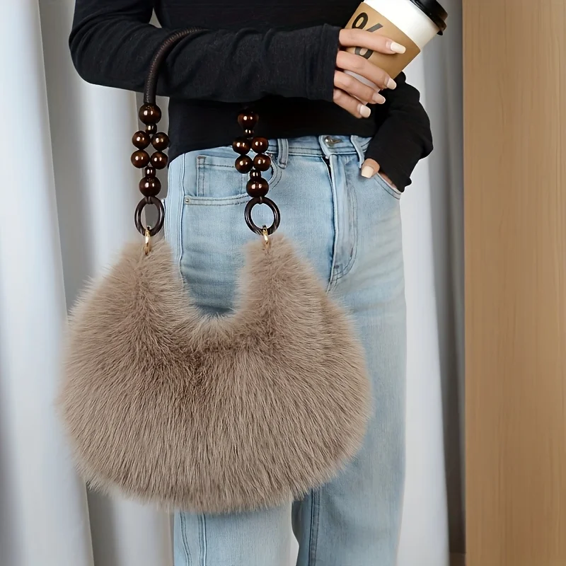 Elegant Plush Tote & Crossbody Bag with Beaded Strap. Zipper Closure, Multiple Colors. Perfect for Daily & Special Events. - view 2