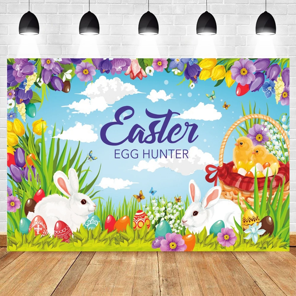 Spring Easter Photography Backdrop He Is Risen Jesus Cross Religious Flowers Rabbits Grass Baby Shower Background Photo Studio