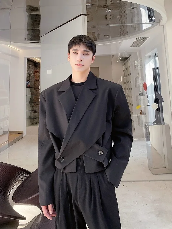 

Мужской пиджак с крестообразным дизайном и асимметричным подолом, весенний, модный, уличный стиль, повседневный, с длинными рукавами, свободного кроя