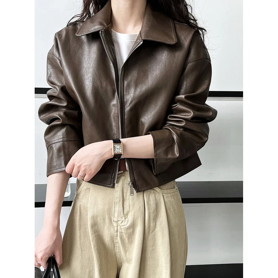 

2025 new pu leather turn down collar women jacket coat fashion classic jacket femme streetwear women tops clothes