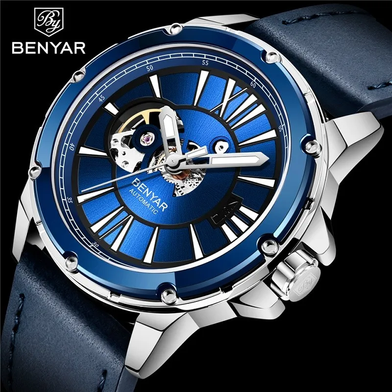 

Benyar For Mens Watch Skeleton Stainless Steel Automatic Wristwatch Mechanical Auto Date Luminous Hands Waterproof Reloj Hombre