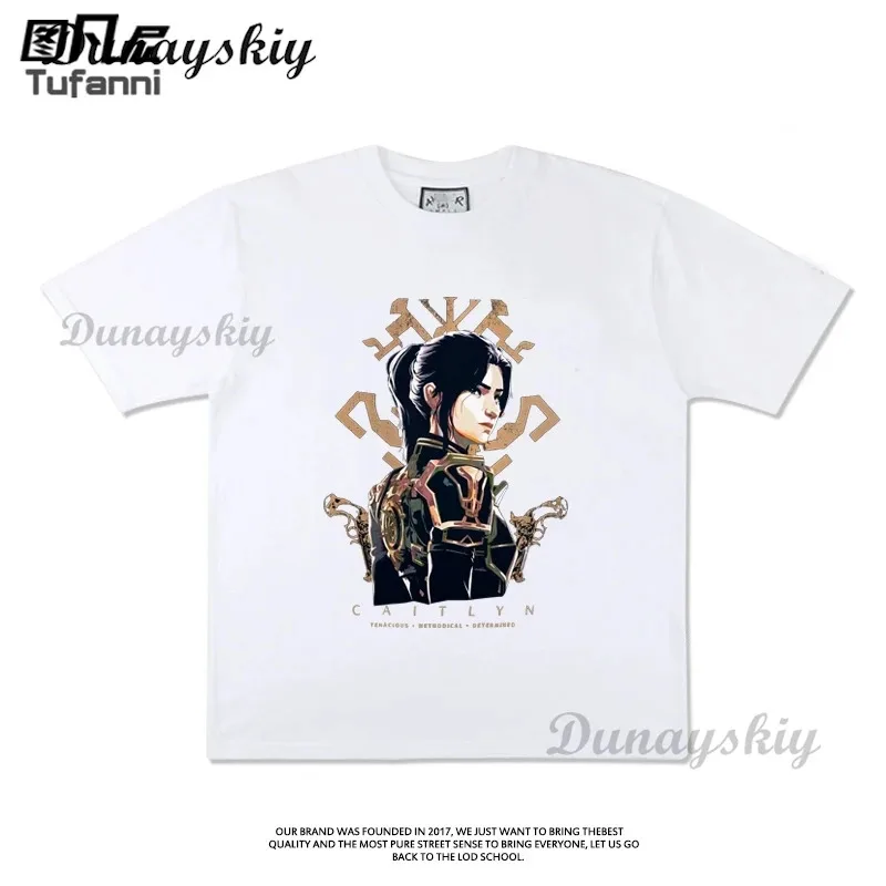 Футболка для косплея Arcane Caitlyn Vi, винтажная хлопковая футболка с рисунком аниме, повседневная уличная одежда с принтом на заказ, эстетические рубашки с героями мультфильмов