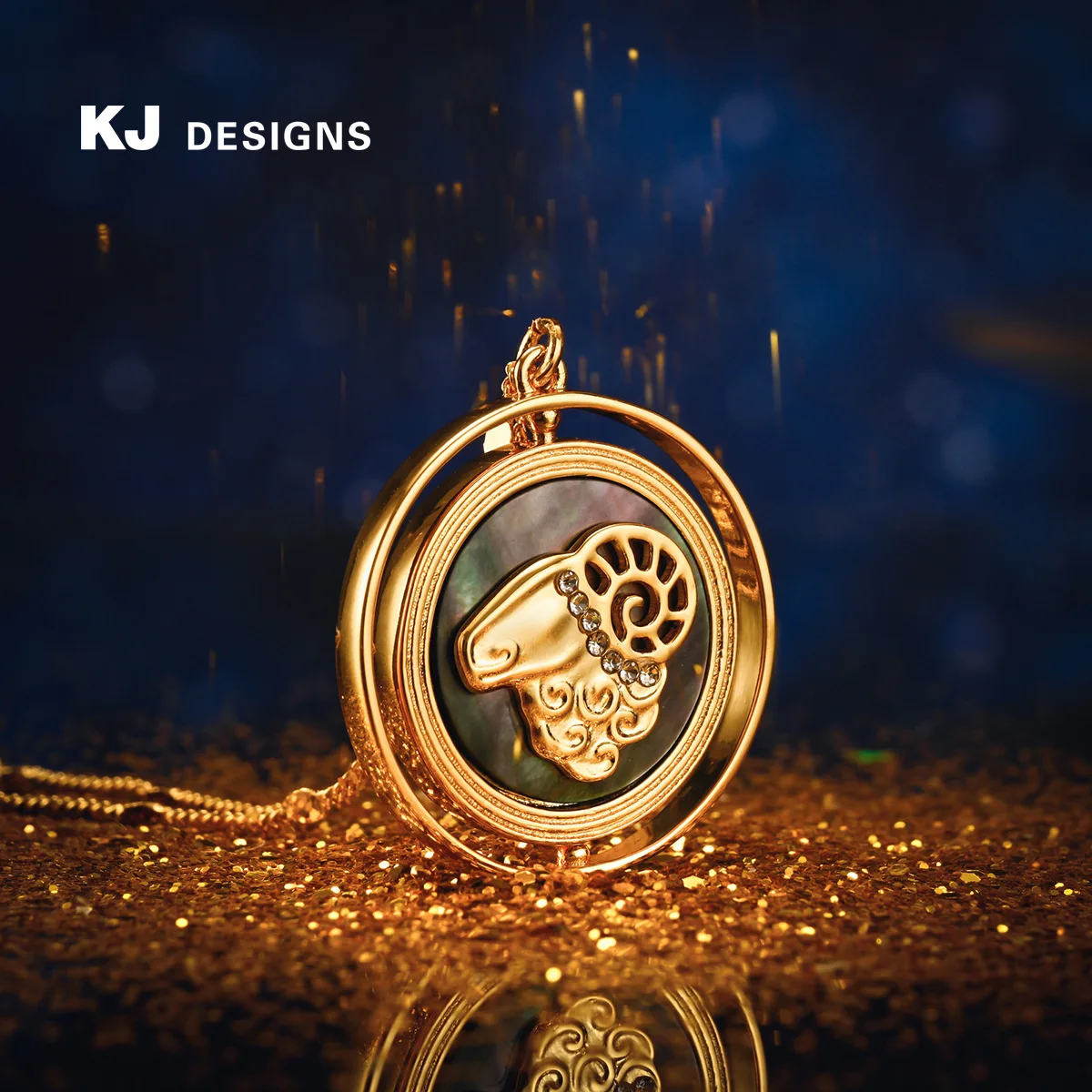 Kenjie copper-plated real gold twelve constellations Aries pendant necklace rotatable double-sided pattern black shell inlaid ne