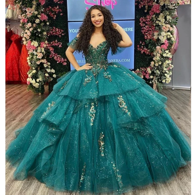 ANGELSBRIDEP Emerald Green Quinceanera Dress Off Shoulder Appliques Sequins Flowers Beading Vestidos De 15 Anos Customized