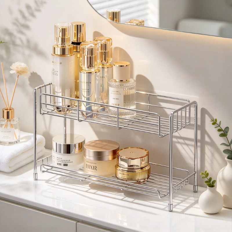 Stainless Steel Organizer Rack, Multi Purpose Storage Stand for Bathroom Desk Sink and Sofa Side Use with Anti Slip Feet