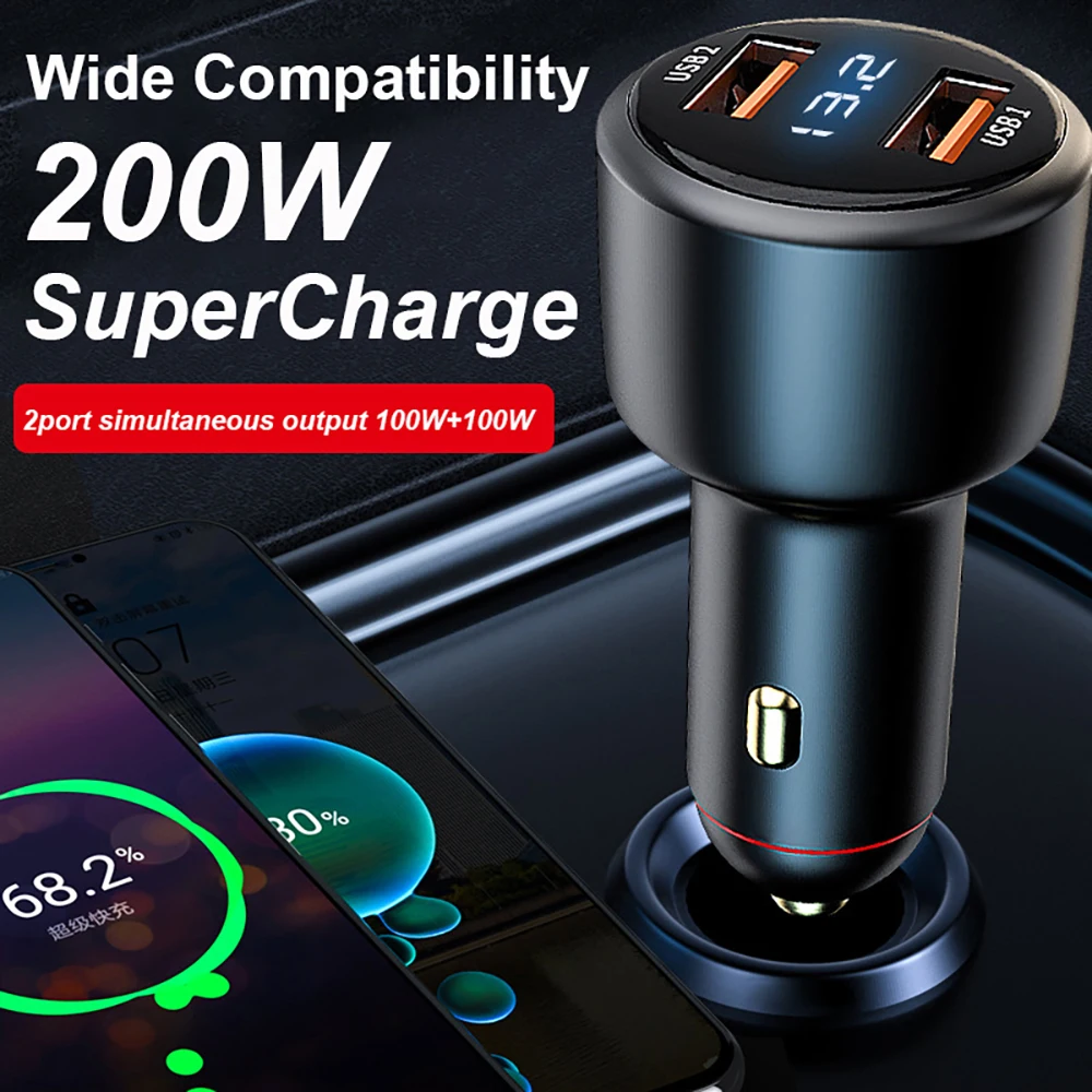 EONLIN Dual USB 200W USB Super VOOC Car Charger จอแสดงผลแรงดันไฟฟ้า QC3.0 USB 100W 66W SuperCharge สำหรับ huawei Honor VIVO OPPO Xiaomi