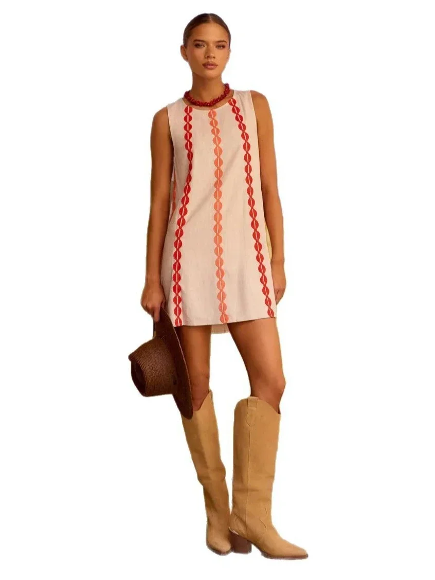 فستان نسائي صيفي جديد فضفاض للركاب برقبة دائرية مطبوعة بدون أكمام تنورة قصيرة