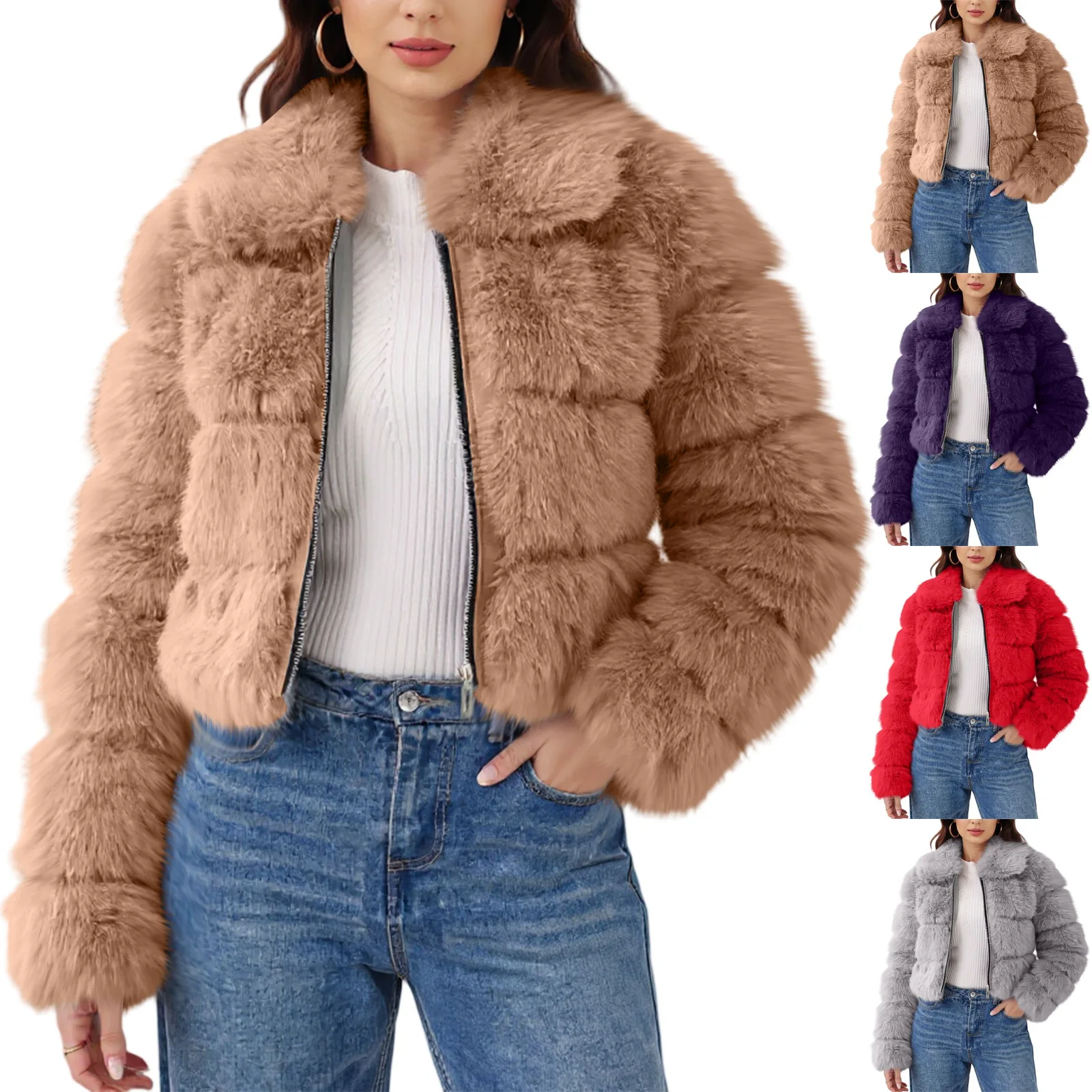 

Women'S Fashionable Warm Long Sleeve Solid Color Furry Collar Coat Fall Winter Faux Fur Coat Women Short Jacket Women Outwear