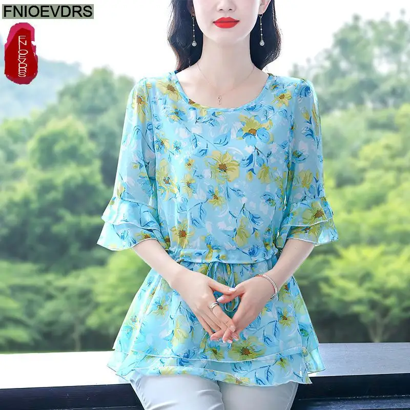 S-4XL Loose Clothes 2023 Women Summer Slim Waist Drawstring Ruffles Shirts Casual Chiffon Floral Tunic Peplum Tops And Blouses