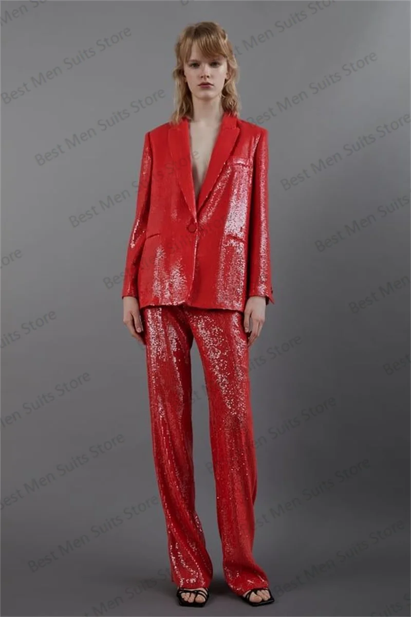 Red Sequins Women Pants Suits Set Glitter Jacket+Trousers 2 Pieces Business Wedding Tuxedo One Button Street Wear Custom Made