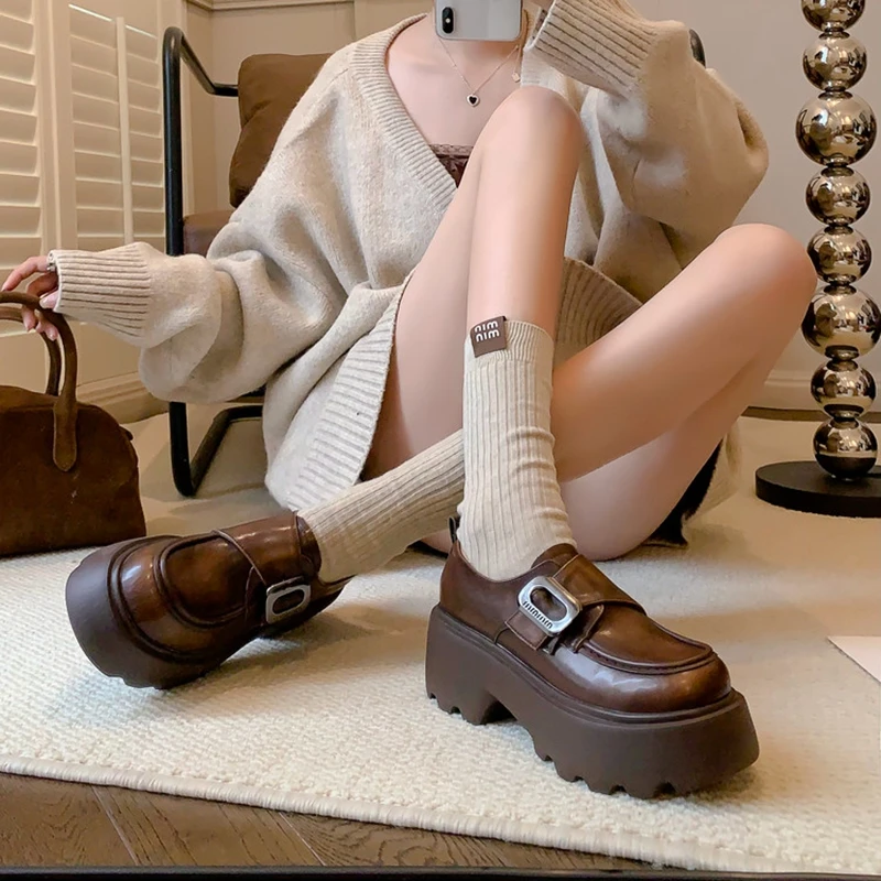 

Women's new leather cowhide thick sole waterproof platform high heels metal belt buckle college style single shoes casual shoes