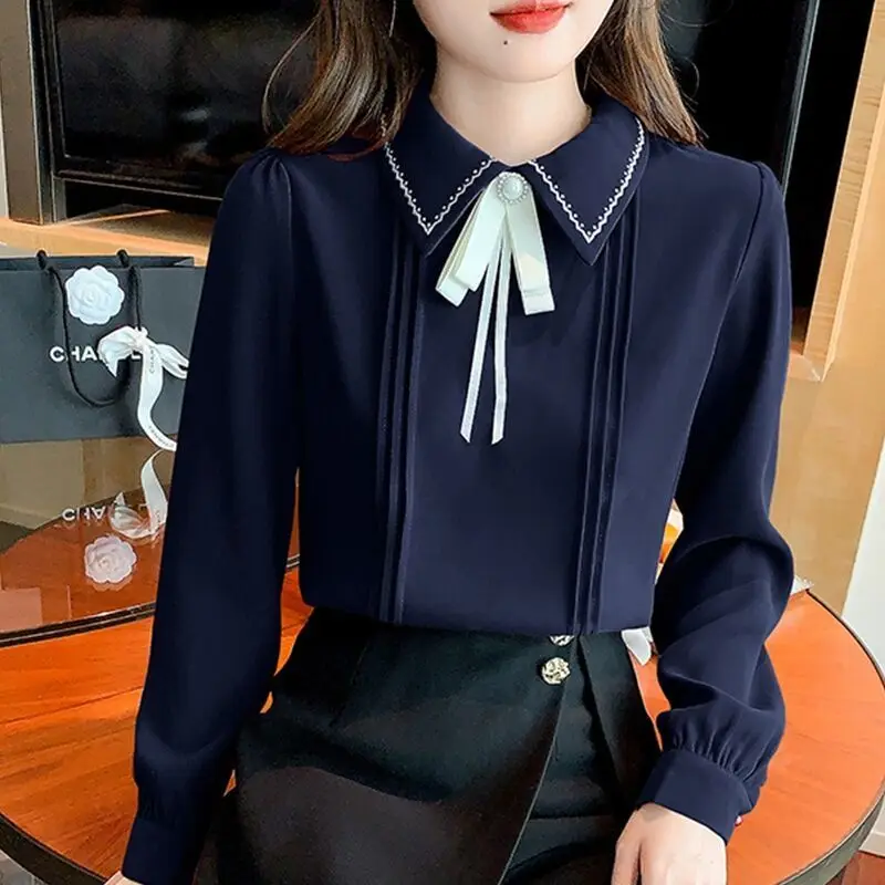 Women Clothes Preppy Style Bow Solid Color Chiffon Blouse Office Lady Turn-down Collar Long Sleeve Autumn Shirring Pullover Tops