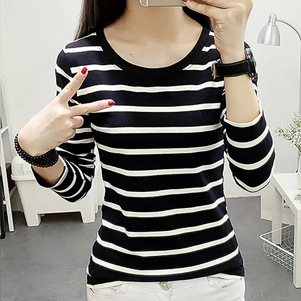 Women Striped T-shirt Long Sleeve Graphic T Shirts Casual Round Neck Print Tees Tops Camisetas De Mujer